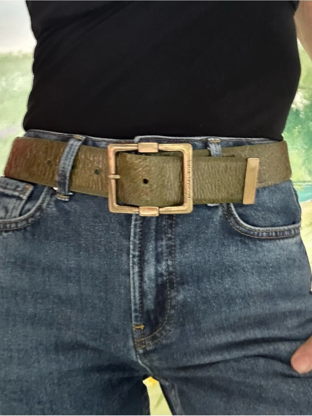 Michael Kors Olive Green Wide Crinkle Patent Leather Belt with Brass Buckle